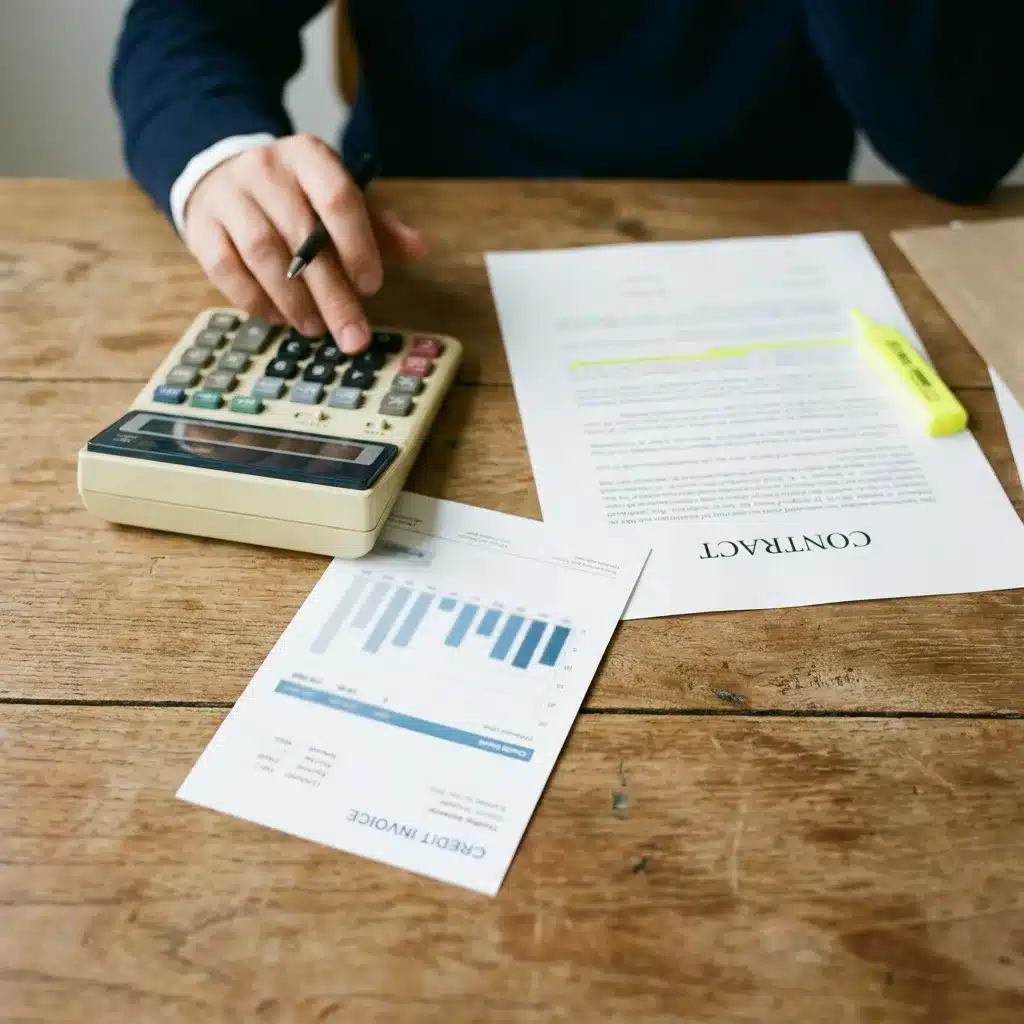 Mãos com calculadora e fatura sobre contrato de cartão de crédito grifado