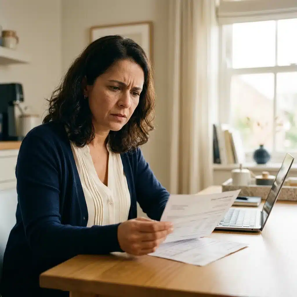 Mulher analisa fatura mensal de cartão em mesa com laptop ao fundo