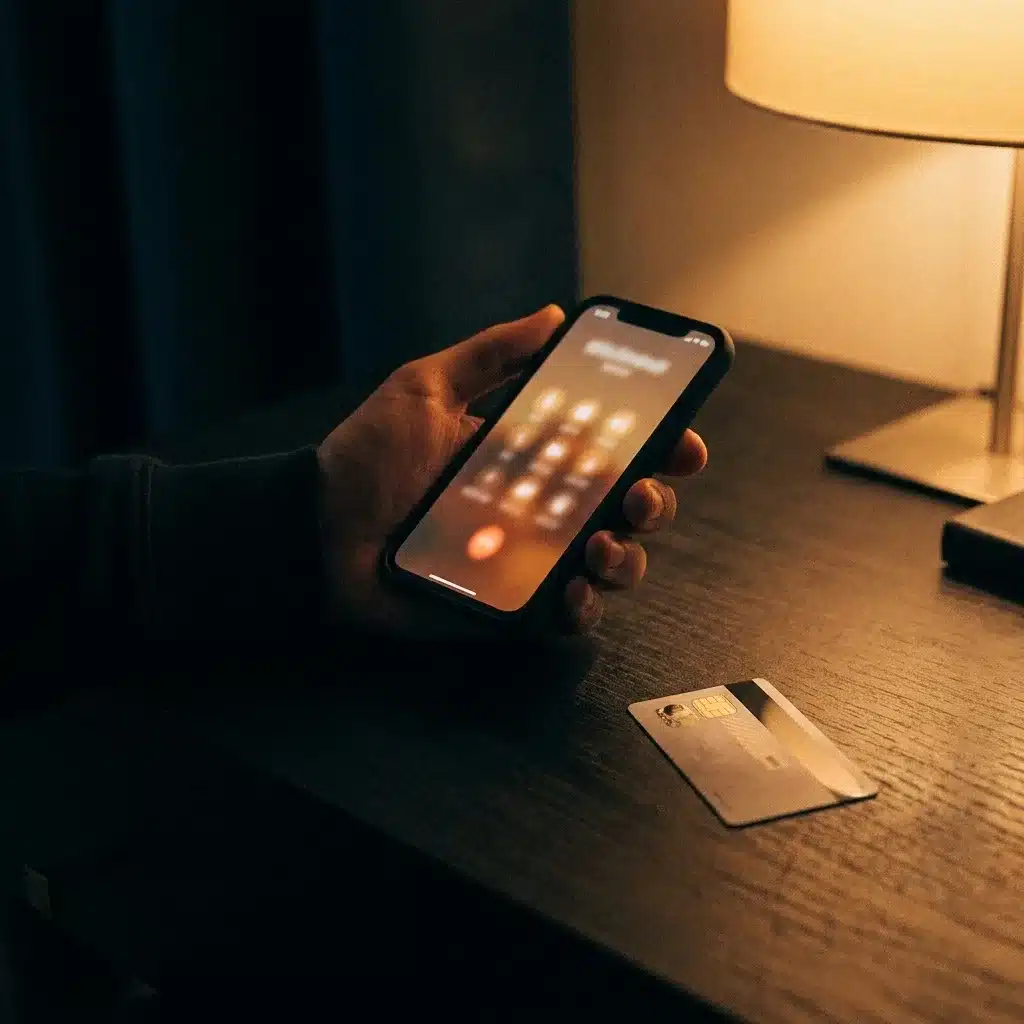 Mão segurando celular com tela de chamada recebida ao lado de cartão