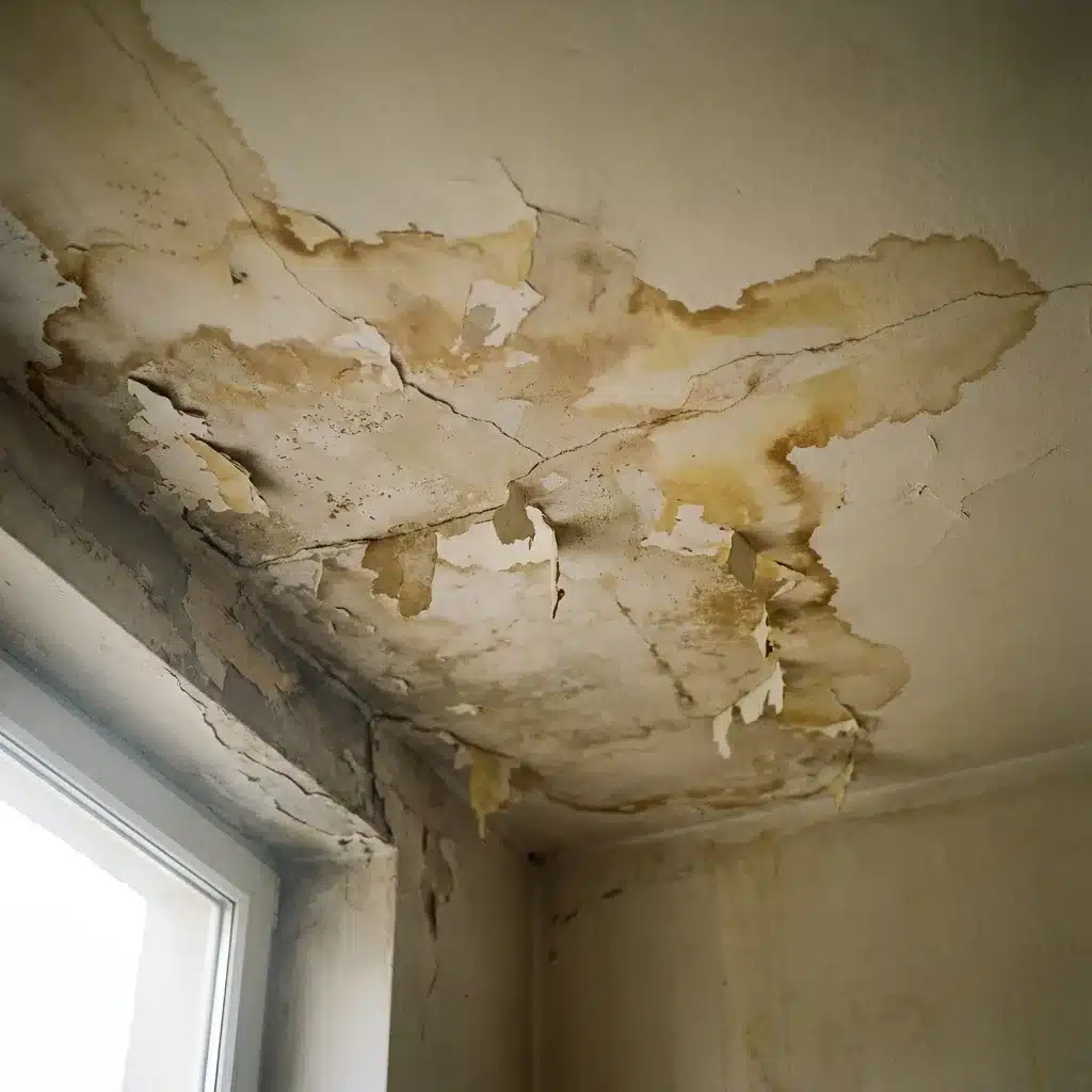 Teto de apartamento com manchas de infiltração e tinta descascada