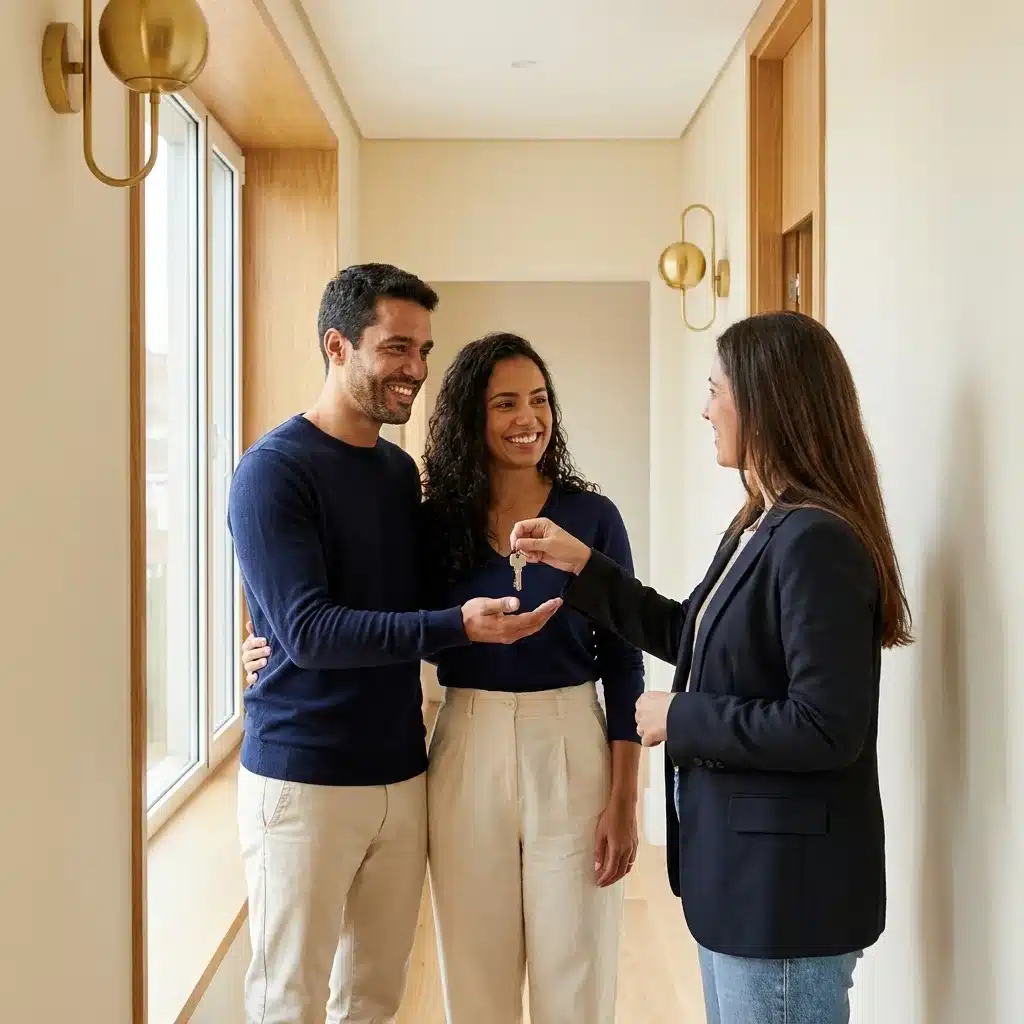 Casal recebe chaves de novo apartamento de corretora em hall iluminado