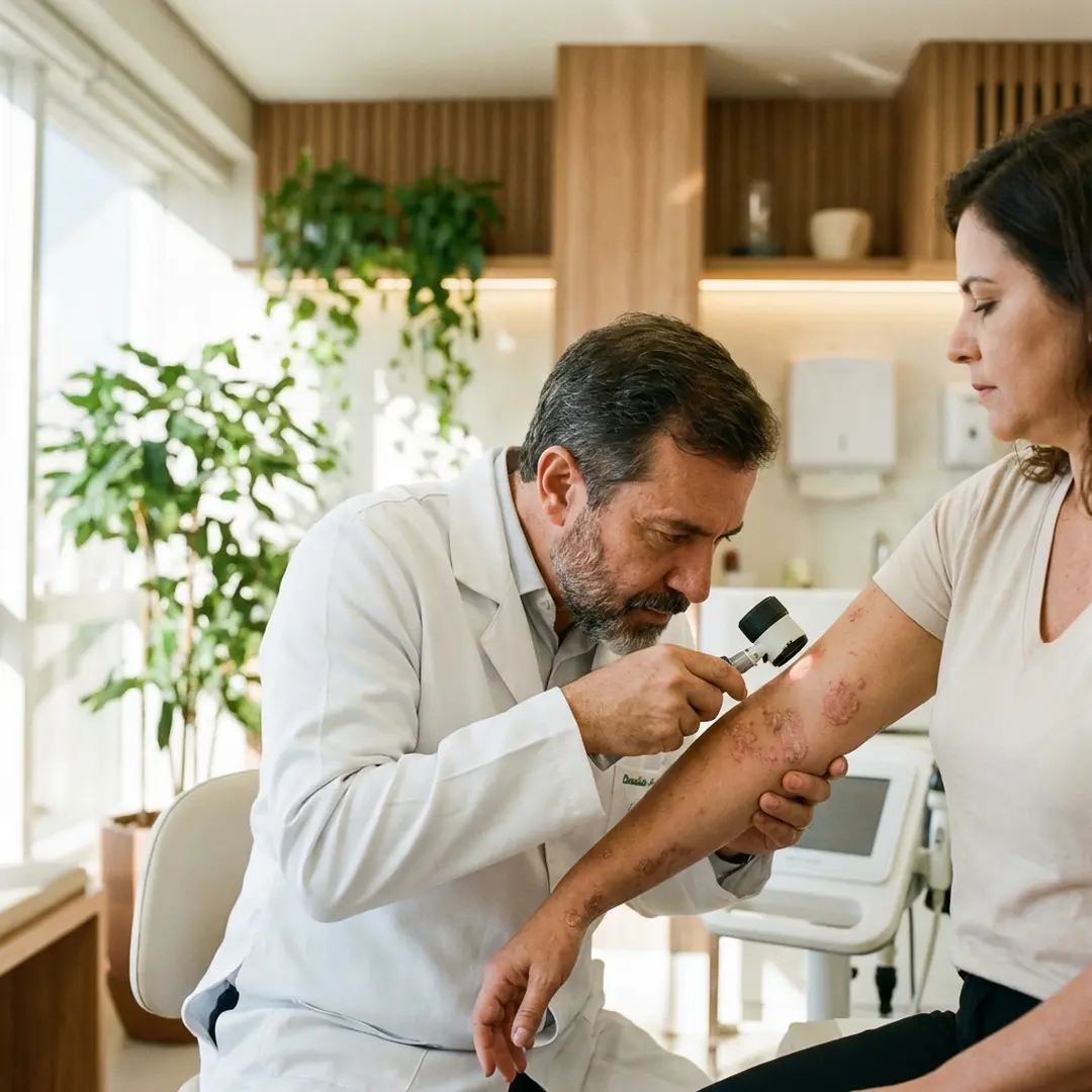Dermatologista examinando pele de paciente com psoriase usando dermatoscopio em consultorio