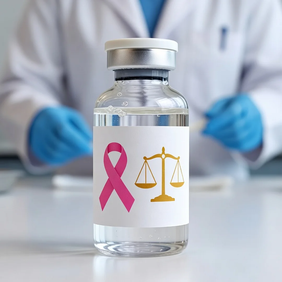 Frasco de medicamento oncologico com laco rosa do cancer de mama e balanca da justica