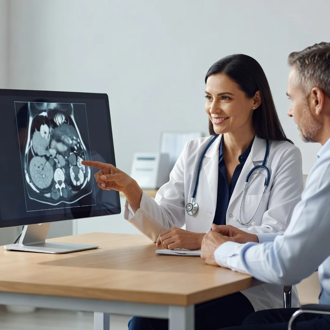 Medico oncologista orientando paciente sobre tratamento com Trodelvy