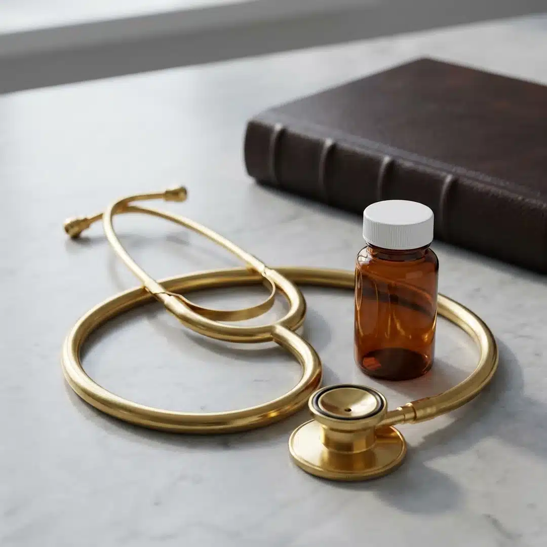 Estetoscópio dourado enrolado ao lado de frasco âmbar de farmácia e livro médico fechado em couro