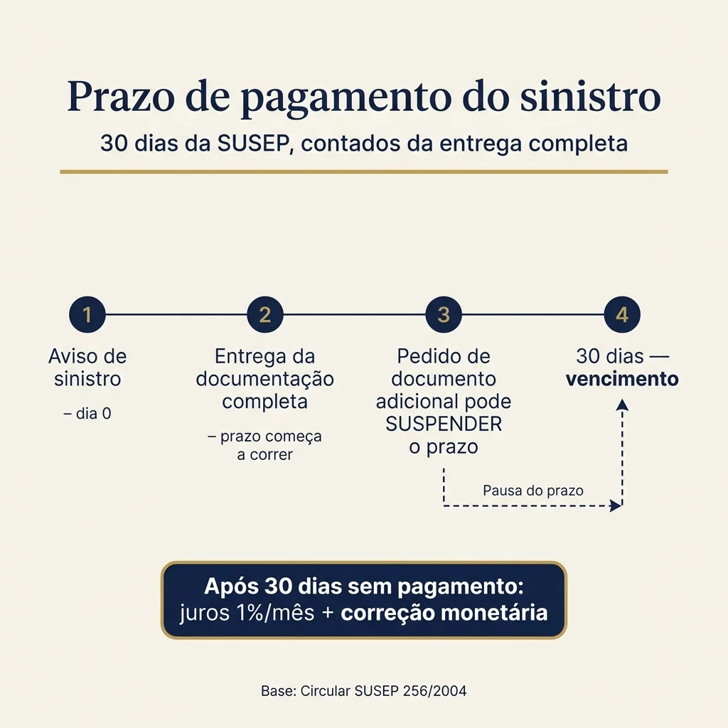 Infográfico linha do tempo mostrando os 4 marcos do prazo de 30 dias da SUSEP