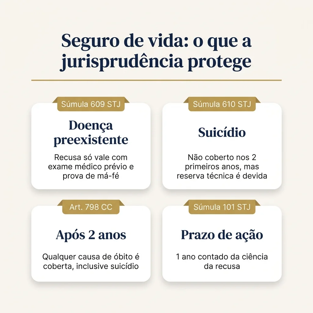Infográfico com quatro súmulas e artigos sobre seguro de vida: 609 STJ, 610 STJ, art. 798 CC e 101 STJ