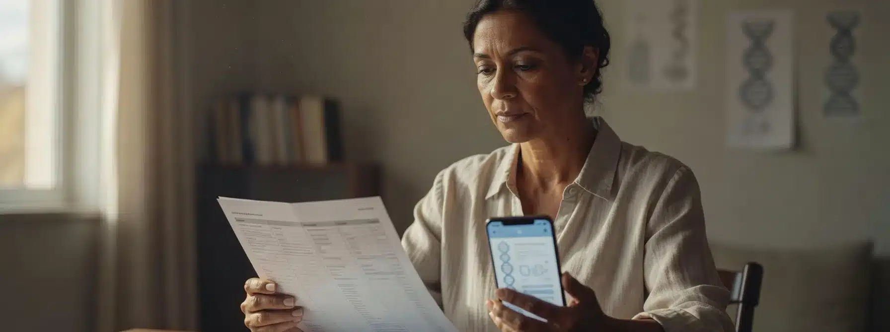 Mulher de meia-idade lê laudo de exame em casa enquanto consulta o celular