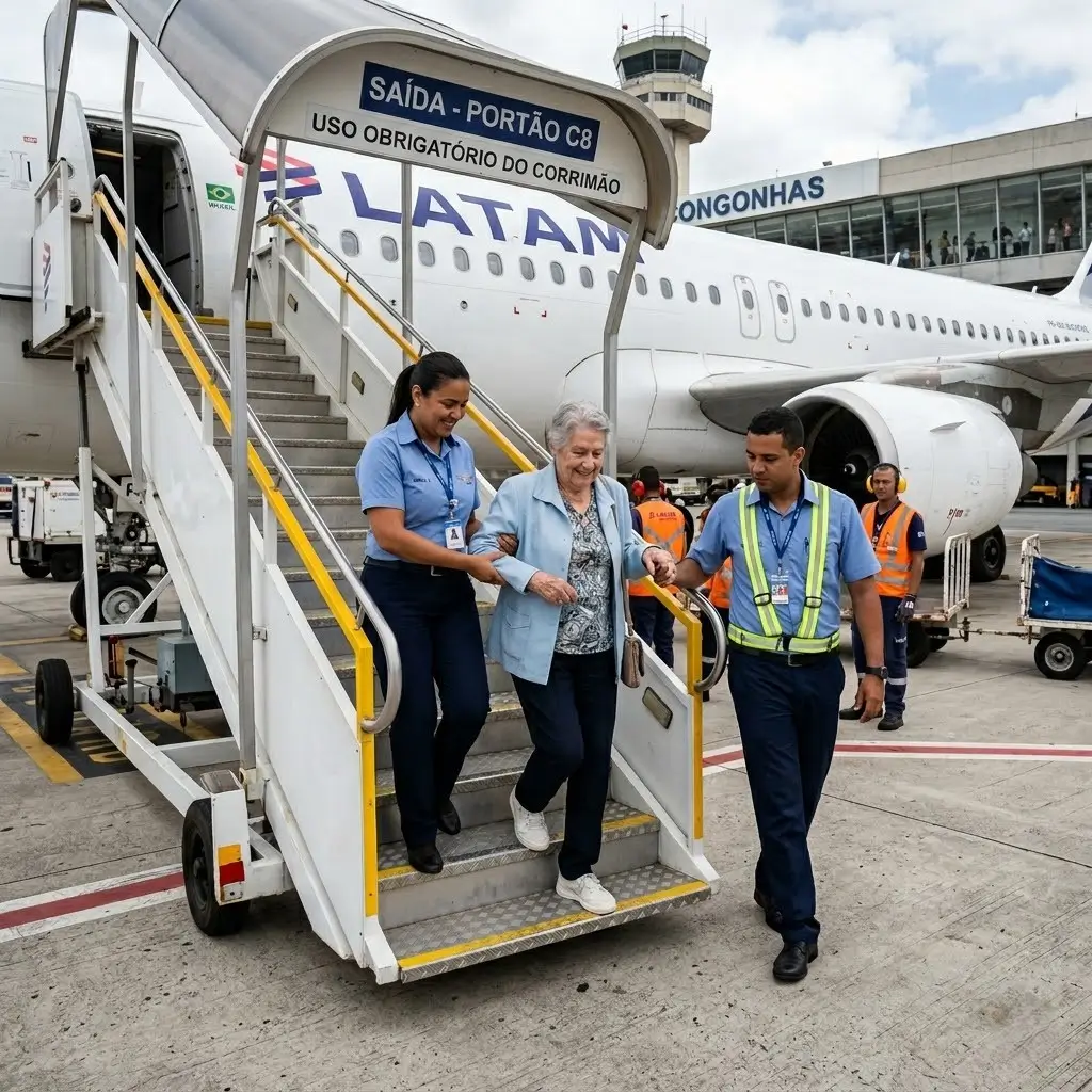 Infraestrutura de desembarque segura em aeroporto brasileiro com corrimão e orientação para passageira idosa, tema central sobre acidente aeroporto idoso