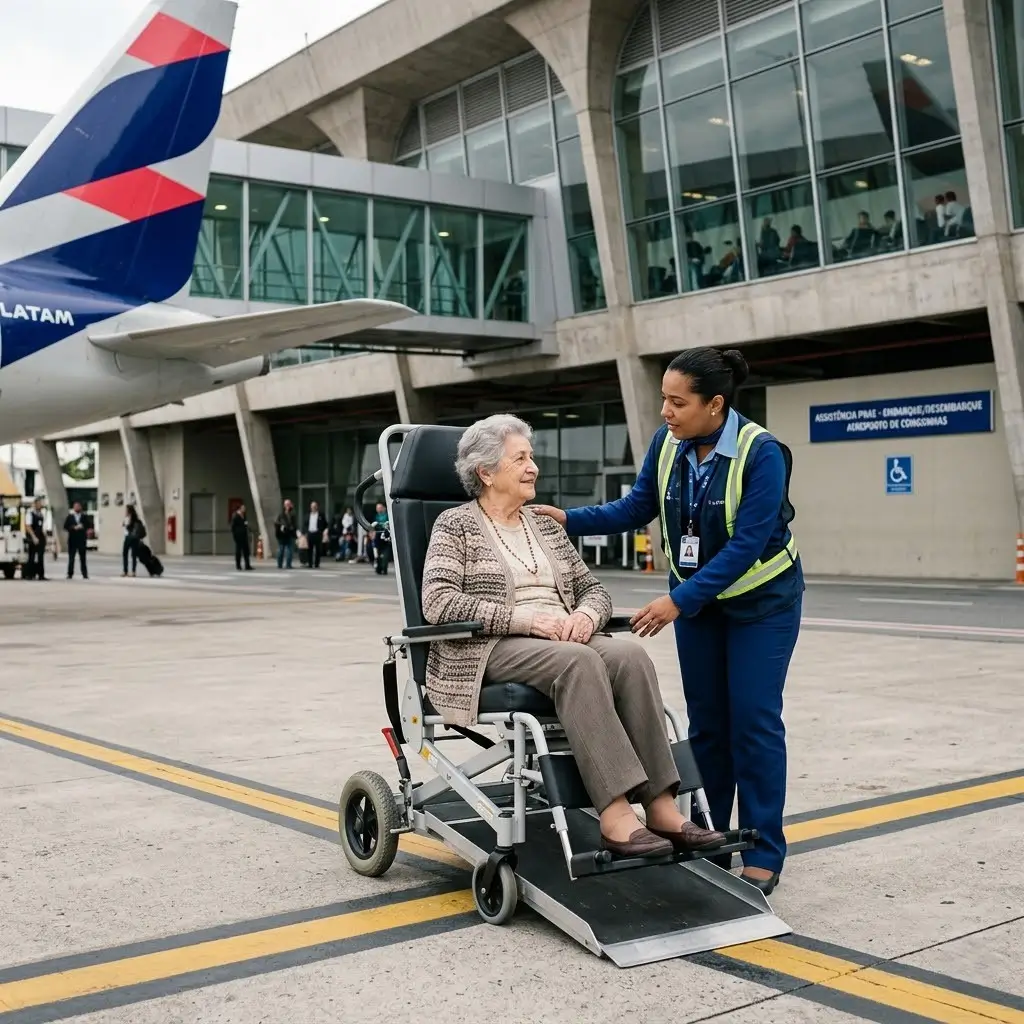 Passageira idosa recebendo assistência especial PNAE com ambulift em aeroporto, reforçando direitos de proteção contra acidente aeroporto idoso