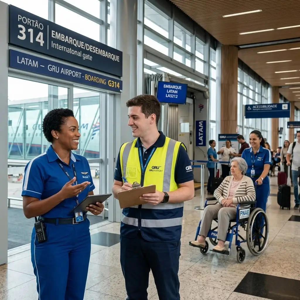 Profissionais de companhia aérea e aeroporto discutindo protocolos de segurança para passageiro idoso, tema de responsabilidade solidária em acidente aeroporto idoso