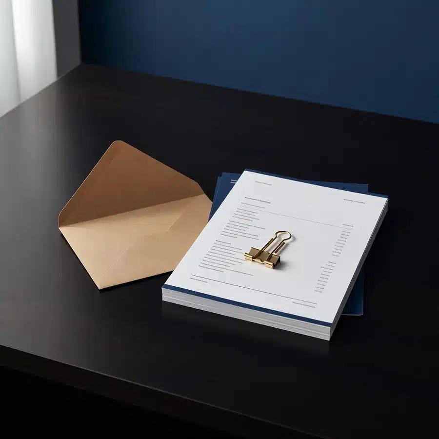 Envelope aberto com os documentos do pedido de devolução de consórcio sobre a mesa