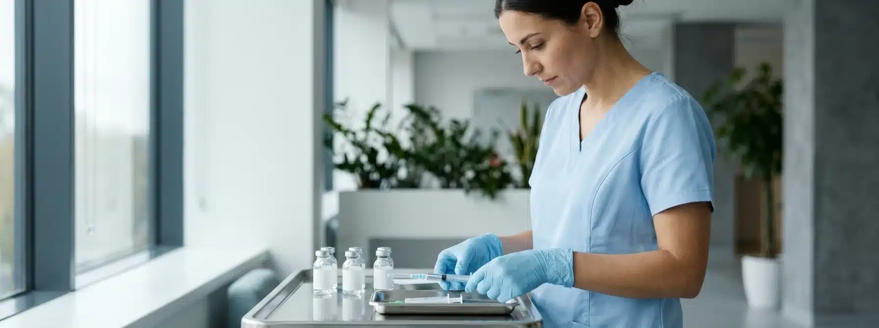 Profissional de enfermagem prepara aplicação subcutânea em centro de tratamento oncológico, ilustrando o Tecvayli (teclistamabe) para mieloma múltiplo