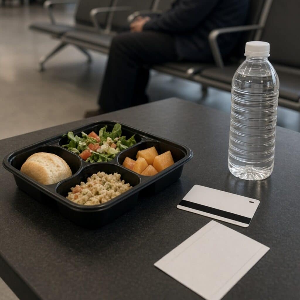 Assistência material com alimentação durante espera no aeroporto