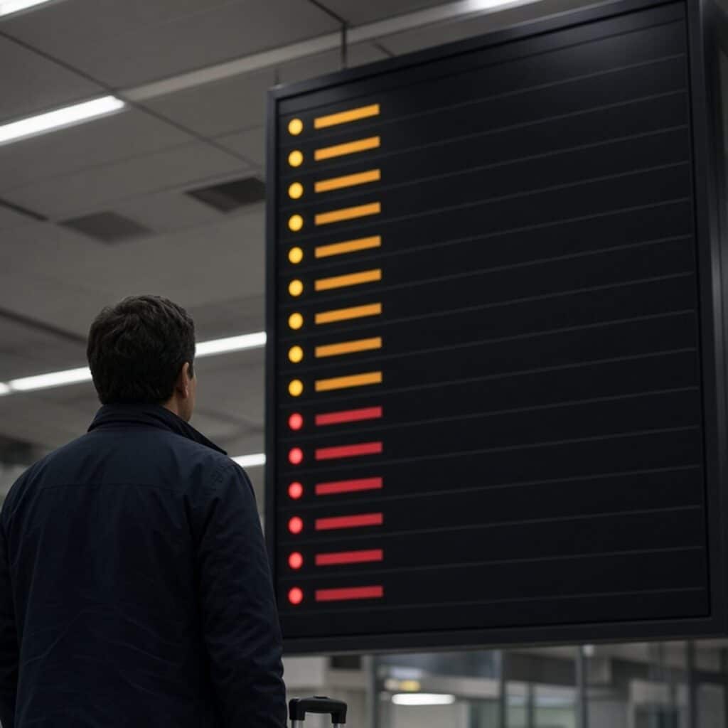 Passageiro observa painel com atraso e cancelamento de voo