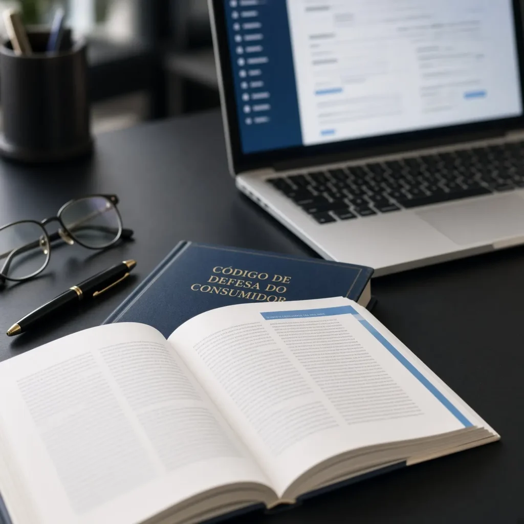 Livros de direito e Código de Defesa do Consumidor sobre mesa de escritório