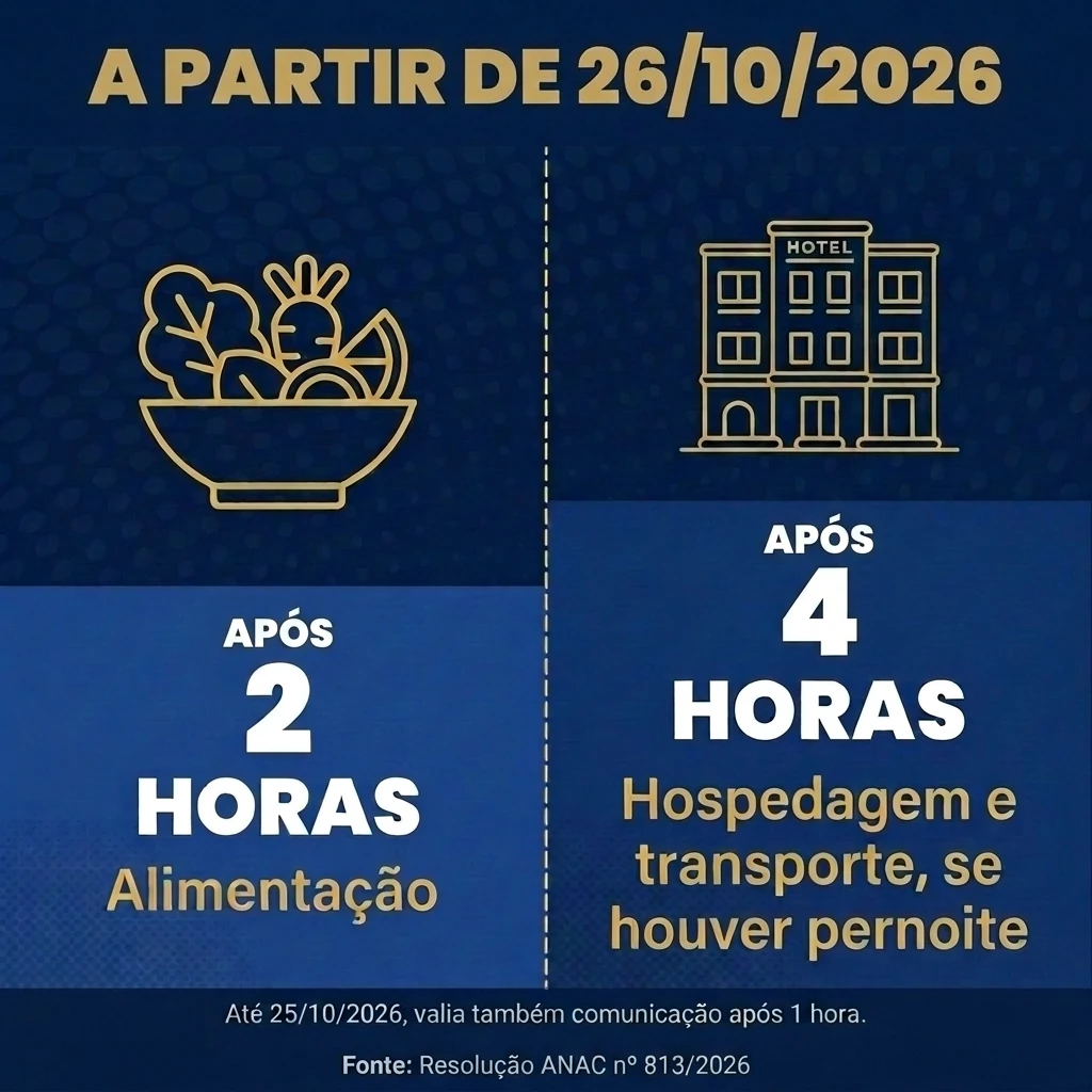 Infográfico dos direitos em atraso de voo a partir de 26/10/2026: alimentação após 2 horas e hospedagem com transporte após 4 horas, se houver pernoite