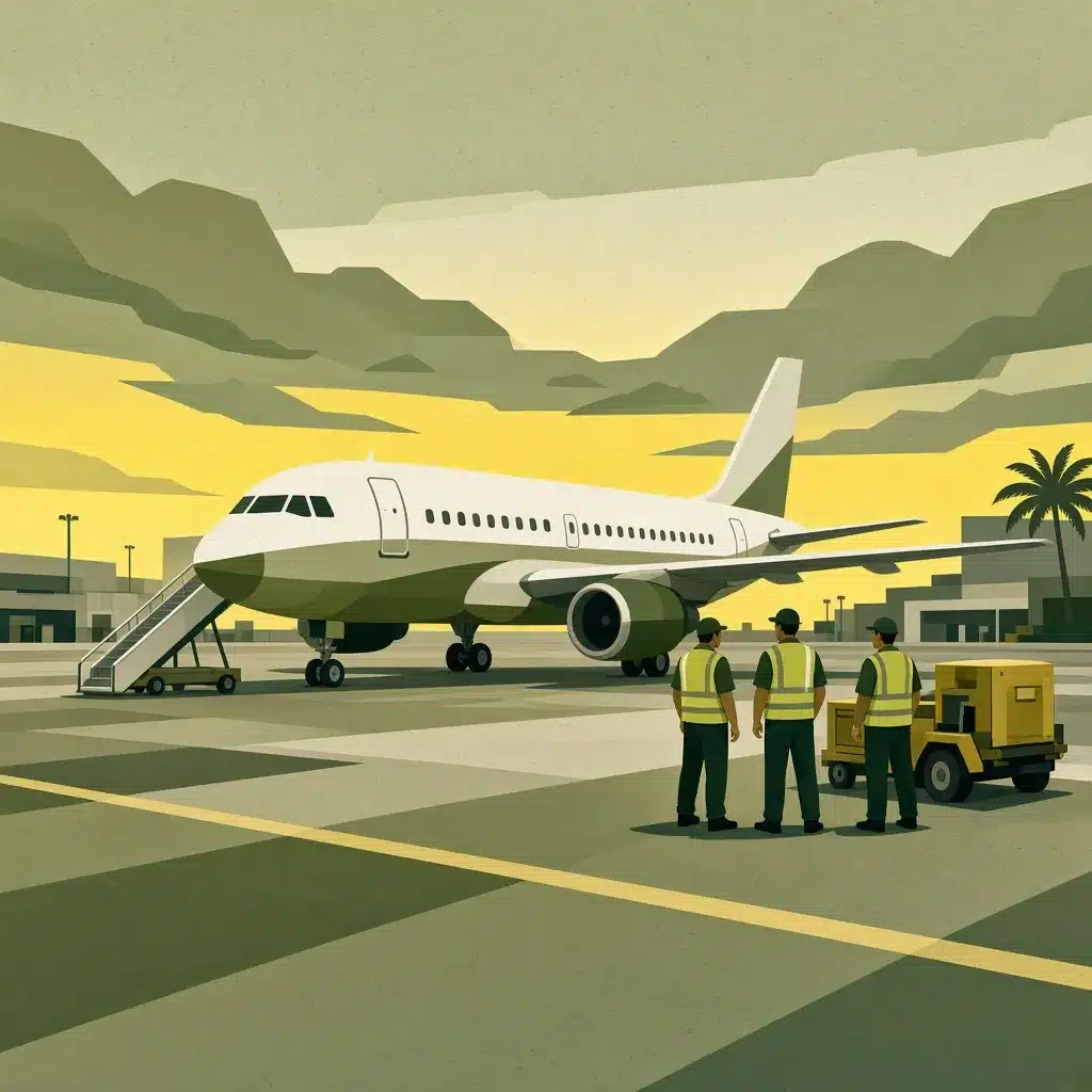 Avião parado no pátio com equipe de solo ao redor