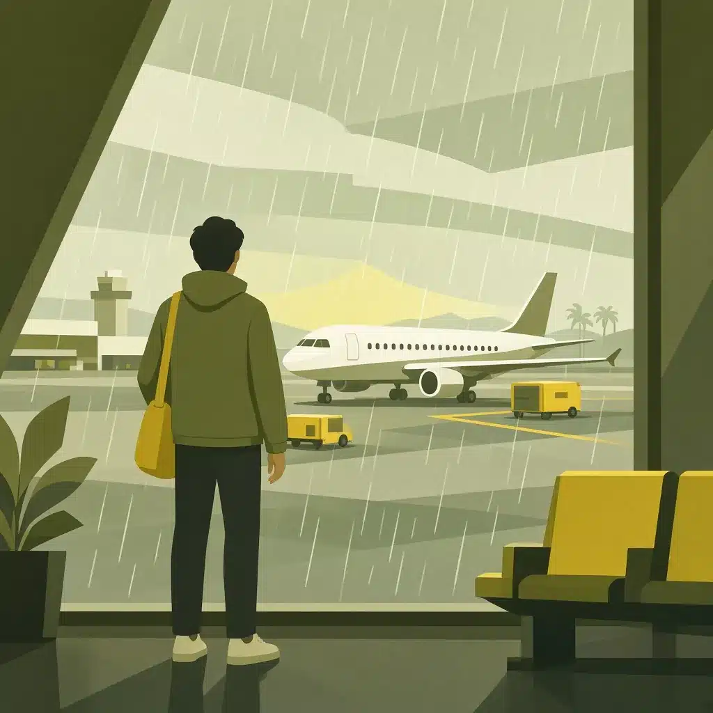 Avião parado sob chuva fina vista do terminal